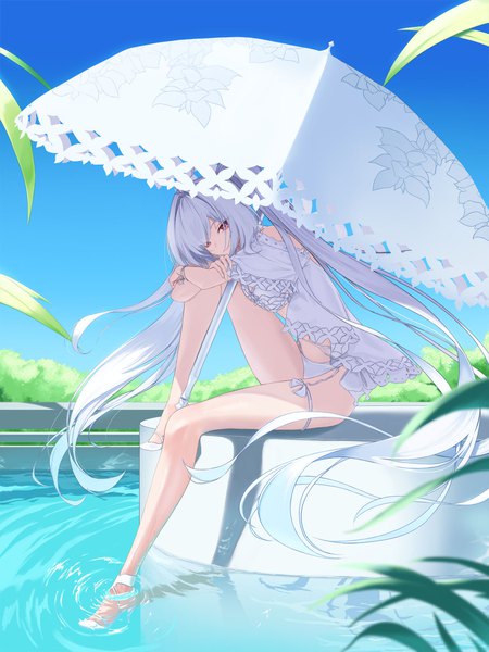 Anime picture 1326x1768 with fate (series) fate/prototype merlin (fate/prototype) lady avalon (fate) muwon single long hair tall image looking at viewer fringe breasts light erotic red eyes large breasts sitting twintails sky silver hair bent knee (knees) outdoors