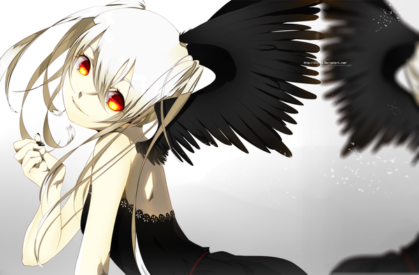 Anime picture 1200x786 with original galsuwaidi single long hair smile twintails bare shoulders white hair nail polish orange eyes reflection black wings girl dress black dress