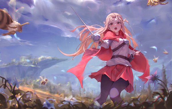 Anime picture 3543x2251 with sword art online sword art online progressive a-1 pictures yuuki asuna bingwei huang single long hair looking at viewer fringe highres open mouth blonde hair standing holding absurdres sky cloud (clouds) outdoors pleated skirt wind