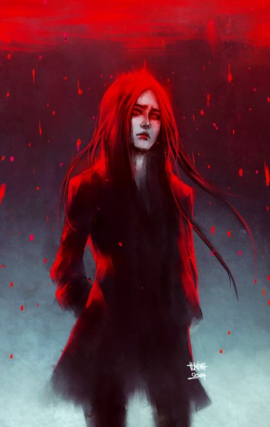 Anime picture 800x1260 with nanfe single long hair tall image looking at viewer red eyes standing signed lips inscription glowing rain hands behind back glowing eye (eyes) grey skin girl