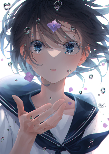 Anime picture 2508x3541 with original nyaon oekaki single tall image looking at viewer blush fringe highres short hair blue eyes simple background hair between eyes brown hair white background upper body parted lips arm up wind girl uniform