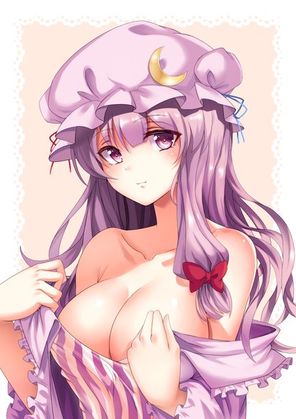 Anime picture 2480x3507 with touhou patchouli knowledge koissa single long hair tall image looking at viewer highres breasts light erotic purple eyes cleavage purple hair girl bow hair bow bonnet