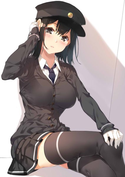 Anime picture 566x800 with kantai collection akitsumaru dock landing ship yappen single tall image looking at viewer blush fringe short hair black hair simple background hair between eyes sitting bent knee (knees) black eyes shadow zettai ryouiki crossed legs adjusting hair sleeves past wrists