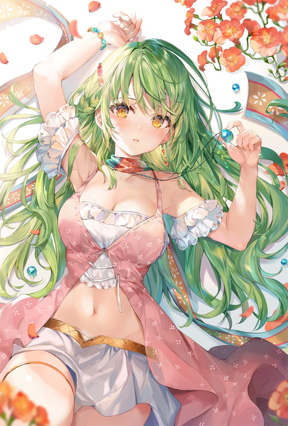 Anime picture 1000x1475 with original yukari (momoko) momoko (momopoco) single long hair tall image looking at viewer blush fringe breasts open mouth holding yellow eyes cleavage lying arm up green hair from above armpit (armpits) on back