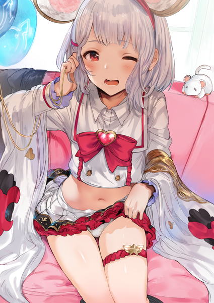 Anime picture 3583x5059 with granblue fantasy vikala (granblue fantasy) hews single tall image blush fringe highres short hair open mouth light erotic smile red eyes sitting animal ears absurdres silver hair one eye closed midriff adjusting hair