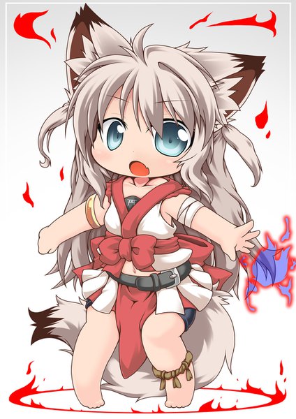 Anime picture 1000x1414 with original kuroneko liger single long hair tall image looking at viewer fringe open mouth simple background standing animal ears payot ahoge bent knee (knees) tail animal tail aqua eyes grey hair grey background bare legs