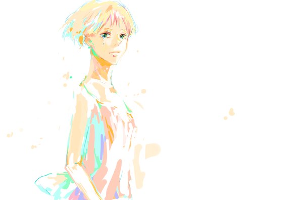 Anime picture 1500x991 with original pege (artist) single looking at viewer short hair simple background blonde hair white background bare shoulders green eyes tears girl