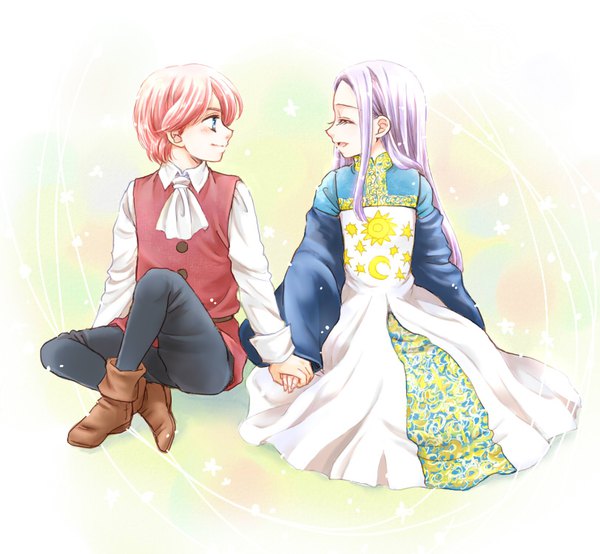 Anime picture 811x750 with nanatsu no taizai a-1 pictures gilthunder margaret liones pesu long hair blush fringe short hair open mouth blue eyes smile sitting payot looking away pink hair purple hair full body bent knee (knees) eyes closed