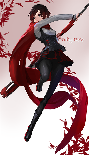 Anime picture 700x1220 with rwby rooster teeth ruby rose modare single tall image fringe short hair simple background looking away black eyes girl skirt pantyhose shoes scarf clothes red scarf