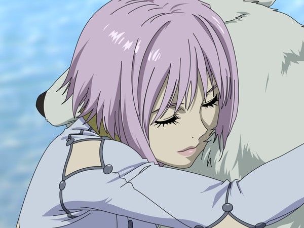 Anime picture 1600x1200 with wolfs rain studio bones cheza single short hair purple hair upper body eyes closed hug girl animal polar bear