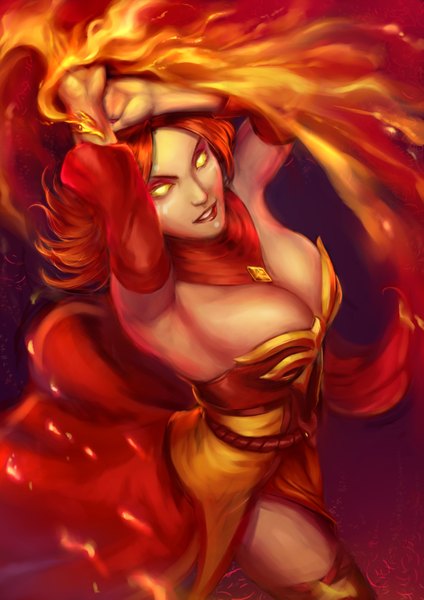 イラスト 2480x3507 と dota 2 (game) lina (dota 2) jtmon (artist) ソロ 長髪 長身像 highres おっぱい 黄色眼 cleavage 赤髪 armpit (armpits) magic looking up 女の子 袖だけ 火