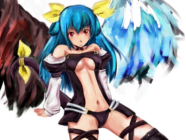 Anime picture 1280x960 with guilty gear dizzy (guilty gear) jyairo long hair breasts light erotic red eyes sitting blue hair tail midriff underboob center opening thighhighs navel bow ribbon (ribbons) hair bow wings