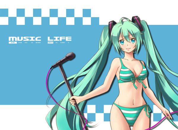 Anime picture 1400x1024 with vocaloid hatsune miku blue eyes twintails very long hair green hair girl swimsuit bikini microphone striped bikini