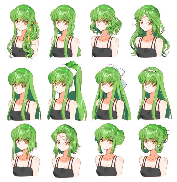 Anime picture 1200x1232 with code geass sunrise (studio) c.c. creayus long hair tall image looking at viewer fringe short hair simple background white background bare shoulders multiple girls yellow eyes payot ponytail green hair wavy hair low ponytail alternate hairstyle