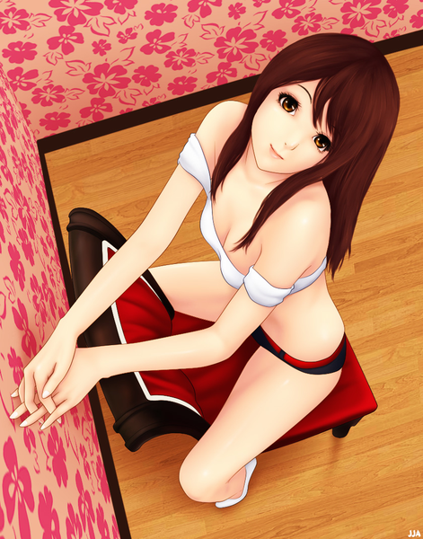 Anime picture 840x1070 with original khalitzburg single long hair tall image looking at viewer blush light erotic smile brown hair sitting bare shoulders brown eyes signed cleavage nail polish from above off shoulder bare belly midriff