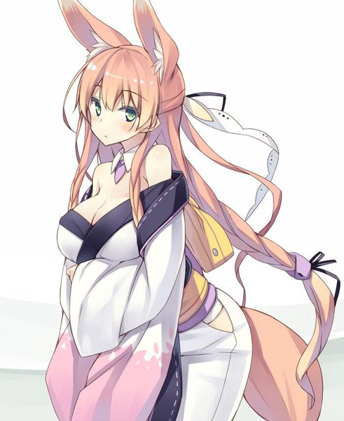 Anime picture 700x854 with original momoyama tsutsune poco (asahi age) long hair tall image looking at viewer blush fringe breasts light erotic simple background hair between eyes large breasts standing white background bare shoulders green eyes animal ears payot cleavage