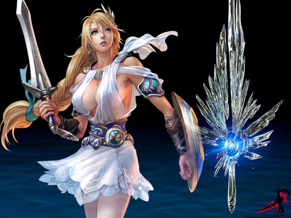 Anime picture 1280x960 with soulcalibur sophitia alexandra long hair breasts light erotic blonde hair cleavage sideboob milf skirt sword transparent clothing