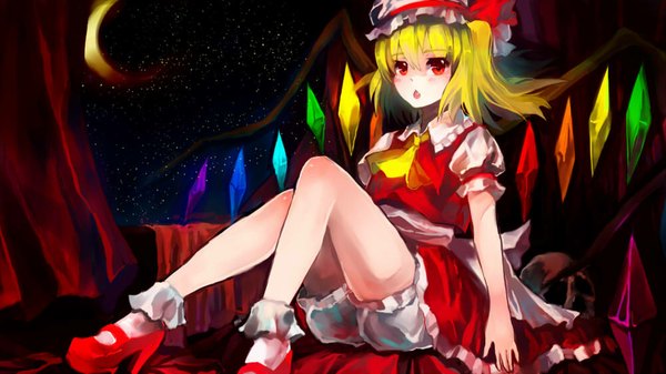 Anime picture 1000x562 with touhou flandre scarlet jmjmjm (jm648223960) single looking at viewer blush short hair open mouth blonde hair red eyes wide image sitting sky ponytail :o night sky side ponytail girl skirt ribbon (ribbons)