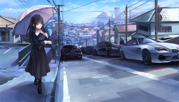 Anime picture 2645x1512 with original mercedes-benz bmw audi koh (minagi kou) long hair fringe highres black hair wide image brown eyes looking away sky cloud (clouds) full body outdoors blunt bangs city solo focus cityscape