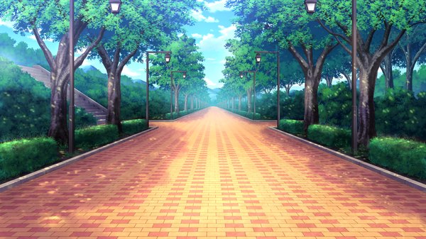 Anime picture 2048x1152 with guardian place skyfish (studio) highres wide image game cg sky cloud (clouds) no people plant (plants) tree (trees) road