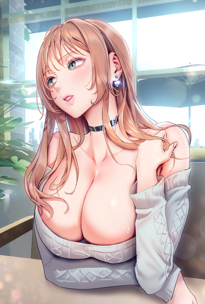 Anime picture 600x888 with original muloli single long hair tall image blush fringe breasts light erotic brown hair large breasts sitting bare shoulders green eyes looking away cleavage upper body long sleeves parted lips lips
