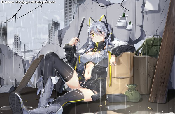 Anime picture 3428x2250 with original moong gya single long hair blush fringe highres breasts light erotic sitting signed animal ears yellow eyes looking away absurdres sky cleavage silver hair cloud (clouds) bent knee (knees)