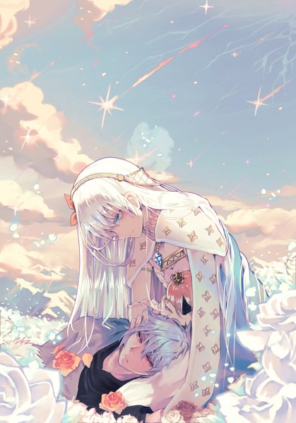 Anime picture 698x1000 with fate (series) fate/grand order anastasia (fate) viy (fate) kadoc zemlupus inaeda kei long hair tall image fringe short hair blue eyes hair between eyes sitting silver hair cloud (clouds) outdoors white hair eyes closed profile leaning