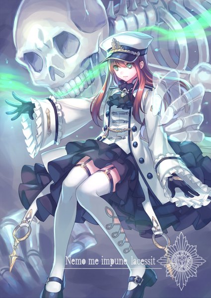 Anime picture 2100x2965 with original zoff (daria) single long hair tall image fringe highres hair between eyes brown hair sitting green eyes looking away full body bent knee (knees) wide sleeves zettai ryouiki outstretched arm magic skeleton knees together feet apart