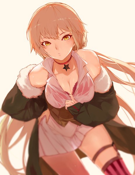 Anime-Bild 2551x3307 mit girls frontline ots-14 (girls frontline) ohland single long hair tall image looking at viewer blush fringe highres breasts light erotic simple background blonde hair bare shoulders yellow eyes cleavage blurry leaning depth of field