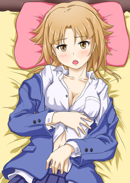 Anime picture 1250x1750 with minami-ke hitomi (minami-ke) rabinidaddo single long hair tall image blush open mouth blonde hair brown eyes lying girl uniform school uniform shirt pillow