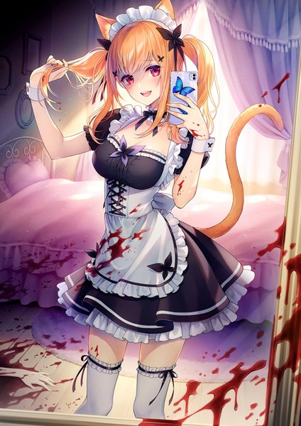 Anime picture 595x842 with virtual youtuber indie virtual youtuber kochou cocoa koyama rikako single long hair tall image looking at viewer open mouth blonde hair standing twintails animal ears indoors tail :d animal tail pink eyes cat ears maid