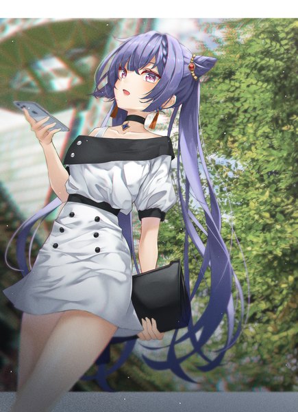 Anime picture 1717x2368 with genshin impact keqing (genshin impact) pinocchio (dlekrkdwlt) single long hair tall image looking at viewer blush fringe highres open mouth hair between eyes standing purple eyes twintails holding payot purple hair outdoors off shoulder