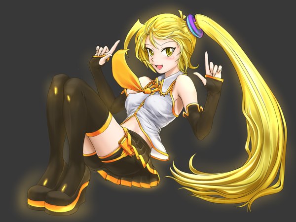 Anime picture 1600x1200 with vocaloid akita neru chiffonjena single open mouth blonde hair smile bare shoulders yellow eyes bent knee (knees) pleated skirt midriff zettai ryouiki side ponytail sleeves past wrists weightlessness girl thighhighs skirt black thighhighs