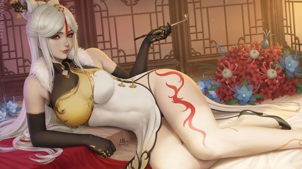Anime picture 3000x1687 with genshin impact ningguang (genshin impact) sciamano240 single long hair looking at viewer fringe highres breasts light erotic red eyes wide image large breasts holding signed bent knee (knees) indoors lying traditional clothes lips