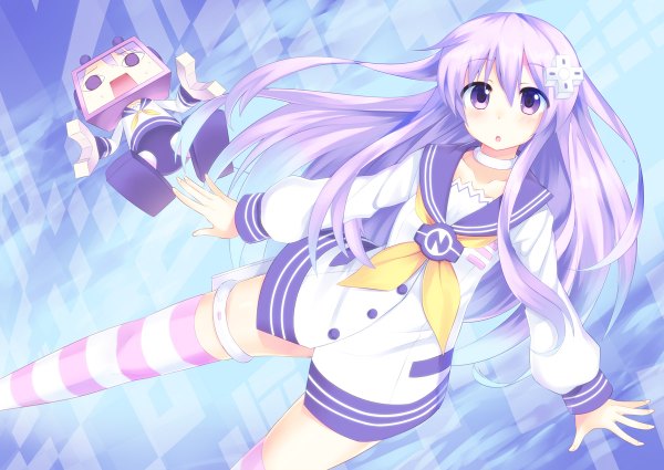 Anime picture 1200x850 with choujigen game neptune nepgear east01 06 single long hair looking at viewer purple eyes purple hair girl thighhighs hair ornament shirt choker striped thighhighs
