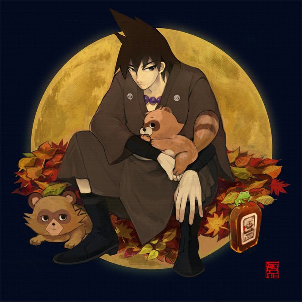 Anime picture 1000x1000 with uchouten kazoku p.a. works shimogamo yasaburou shimogamo yajirou shimogamo yaichirou shimogamo yashirou fon-due (fonfon) single short hair black hair sitting looking away black eyes black background boy animal boots leaf (leaves) alcohol autumn leaves