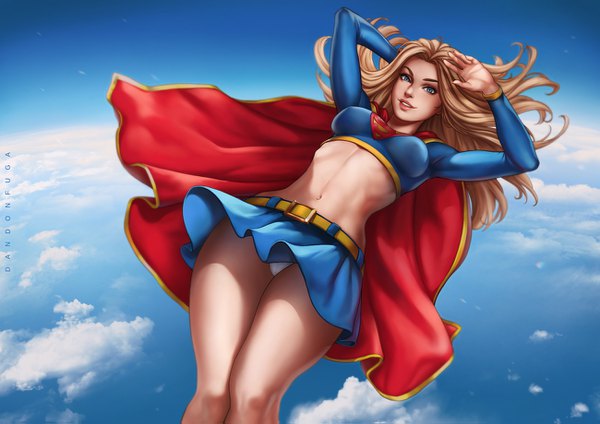 Anime picture 1300x919 with dc comics supergirl dandon fuga single long hair looking at viewer breasts blue eyes light erotic blonde hair smile sky cloud (clouds) arm up lips realistic midriff pantyshot erect nipples legs