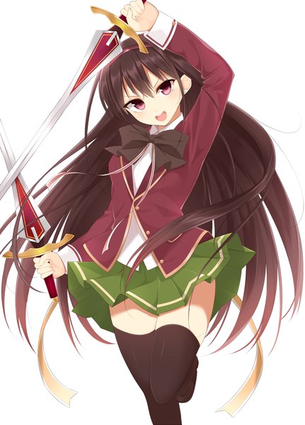 Anime picture 1005x1400 with original animetta single long hair tall image open mouth black hair simple background white background pink eyes zettai ryouiki girl thighhighs skirt uniform weapon black thighhighs school uniform sword hairband