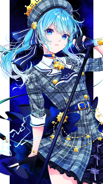Anime picture 2866x5098 with virtual youtuber hololive hoshimachi suisei hoshimachi suisei (1st costume) muto (n0sug4r) single long hair tall image highres blue eyes blue hair nail polish side ponytail outside border blue nail polish pillarboxed girl dress gloves choker