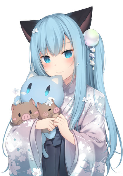 Anime picture 1000x1424 with original nekoha shizuku nachi single long hair tall image looking at viewer blush fringe blue eyes simple background smile hair between eyes white background holding animal ears blue hair upper body traditional clothes japanese clothes