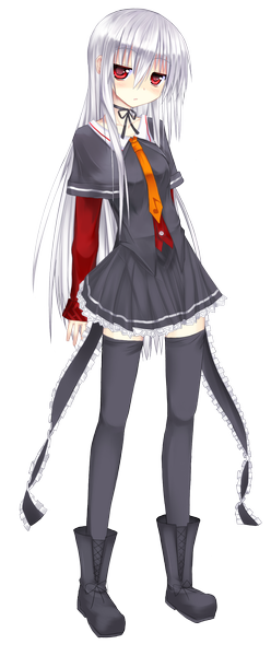 Anime picture 1000x2410 with original niboss single long hair tall image red eyes silver hair zettai ryouiki transparent background girl thighhighs dress black thighhighs necktie boots