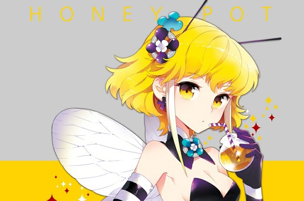 Anime picture 1000x664 with original nardack single short hair simple background blonde hair bare shoulders yellow eyes inscription portrait white wings insect wings insect girl bee girl girl gloves hair ornament wings elbow gloves drink