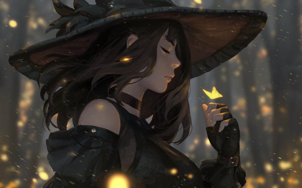 Anime picture 4096x2560 with original guweiz single long hair fringe highres breasts brown hair large breasts payot absurdres upper body outdoors eyes closed parted lips profile arm up fingernails wind lips
