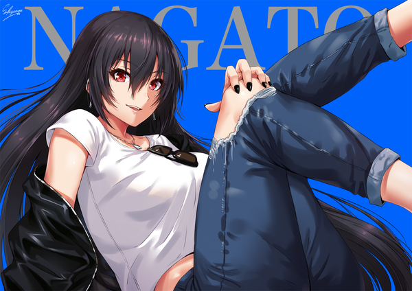 Anime picture 1414x1000 with kantai collection nagato battleship sakiyamama single long hair looking at viewer fringe breasts open mouth black hair simple background hair between eyes red eyes large breasts sitting signed payot nail polish fingernails light smile