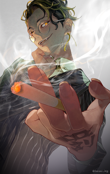 Anime picture 631x1000 with tokyo revengers hanma shuuji heizei img single tall image looking at viewer short hair black hair smile signed upper body multicolored hair fingernails grey background two-tone hair from below orange eyes tattoo twitter username smoke