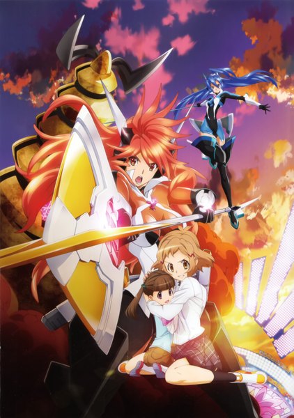 Anime picture 4925x7002 with senki zesshou symphogear satelight tachibana hibiki kazanari tsubasa amou kanade long hair tall image highres open mouth blue eyes red eyes brown hair purple eyes multiple girls brown eyes blue hair absurdres sky cloud (clouds) red hair