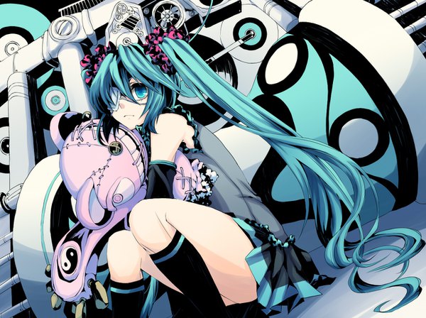 Anime picture 1300x972 with vocaloid tsumi to batsu (vocaloid) hatsune miku tori (pixiv1030240) single long hair fringe blue eyes hair between eyes sitting twintails bare shoulders holding payot looking away bent knee (knees) very long hair pleated skirt aqua hair yin yang
