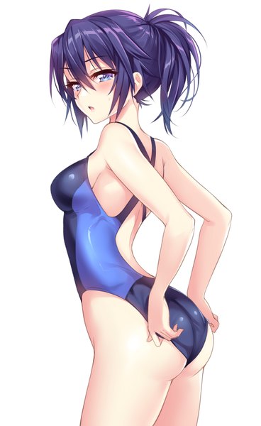 Anime picture 626x1019 with mahou shoujo suzune magica shion chisato senri gan single tall image blush short hair open mouth blue eyes light erotic simple background hair between eyes white background blue hair ponytail adjusting swimsuit girl swimsuit one-piece swimsuit competition swimsuit