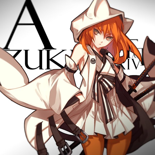 Anime picture 1000x1000 with original pixiv fantasia pixiv fantasia t skade single looking at viewer fringe short hair simple background hair between eyes standing bare shoulders brown eyes animal ears traditional clothes head tilt japanese clothes cat ears orange hair inscription