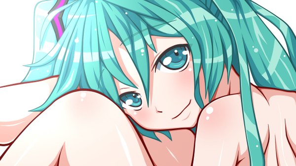 Anime picture 1280x720 with vocaloid hatsune miku j (shining-next) long hair looking at viewer blush wide image aqua eyes aqua hair girl